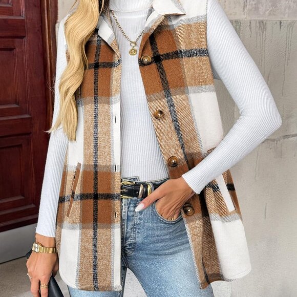 Khaki Women's Plaid Vest 2025 - Stylish Sleeveless Flannel Jacket with Pockets - Picture 4 of 5